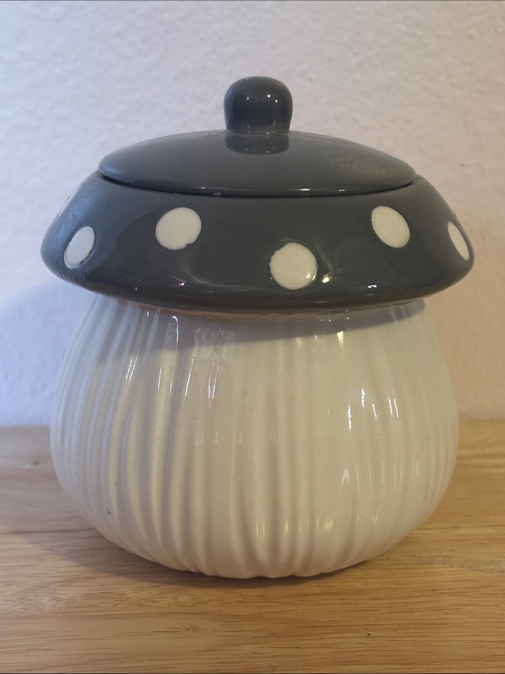 Ceramic Mushroom Canister Polka Dot Grey and White Decorative Jar